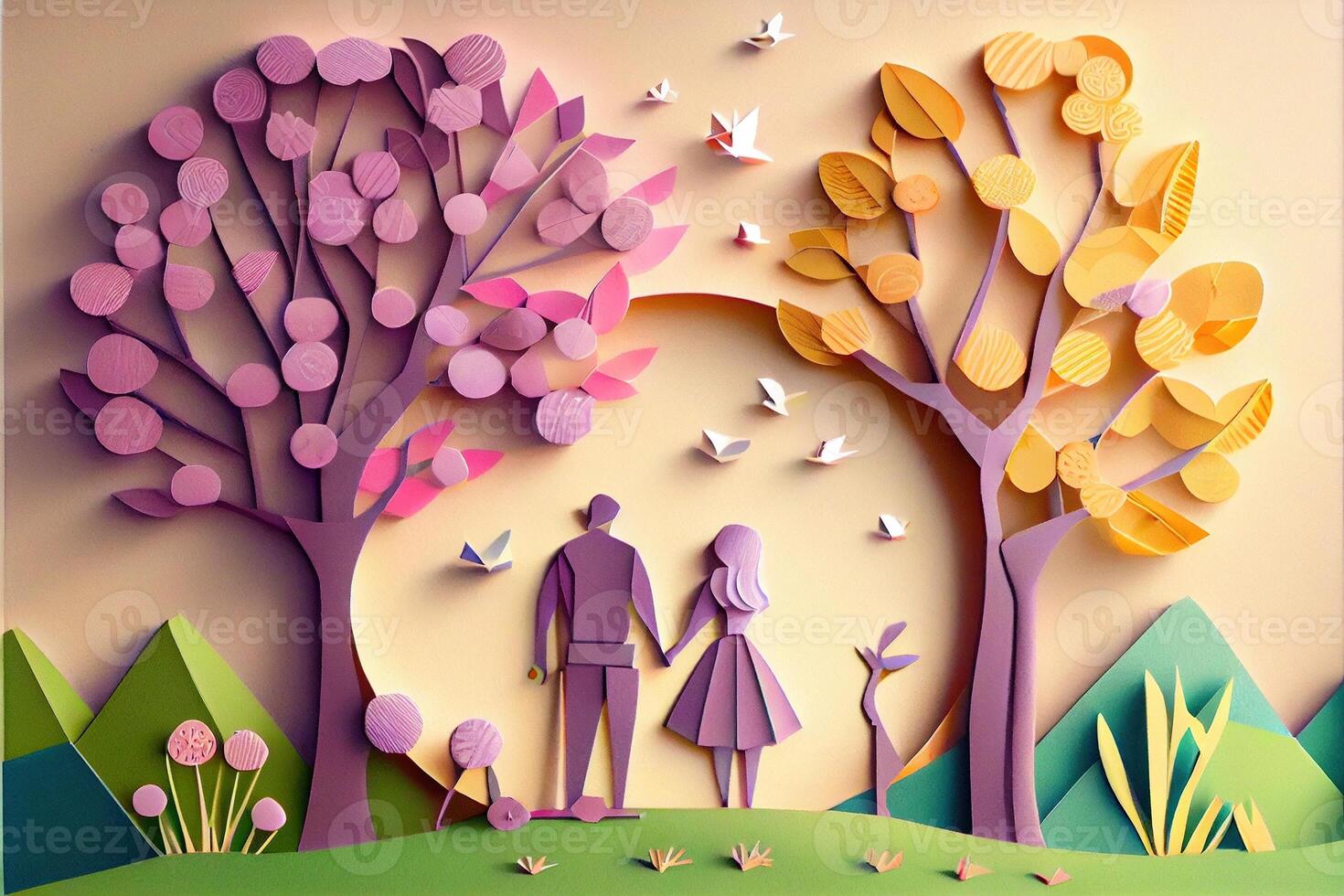 illustration of origami spring background, joyful elderly, happy family with parent, colorful. Paper cut craft, 3d paper illustration style, pop color. Neural network generated art. photo