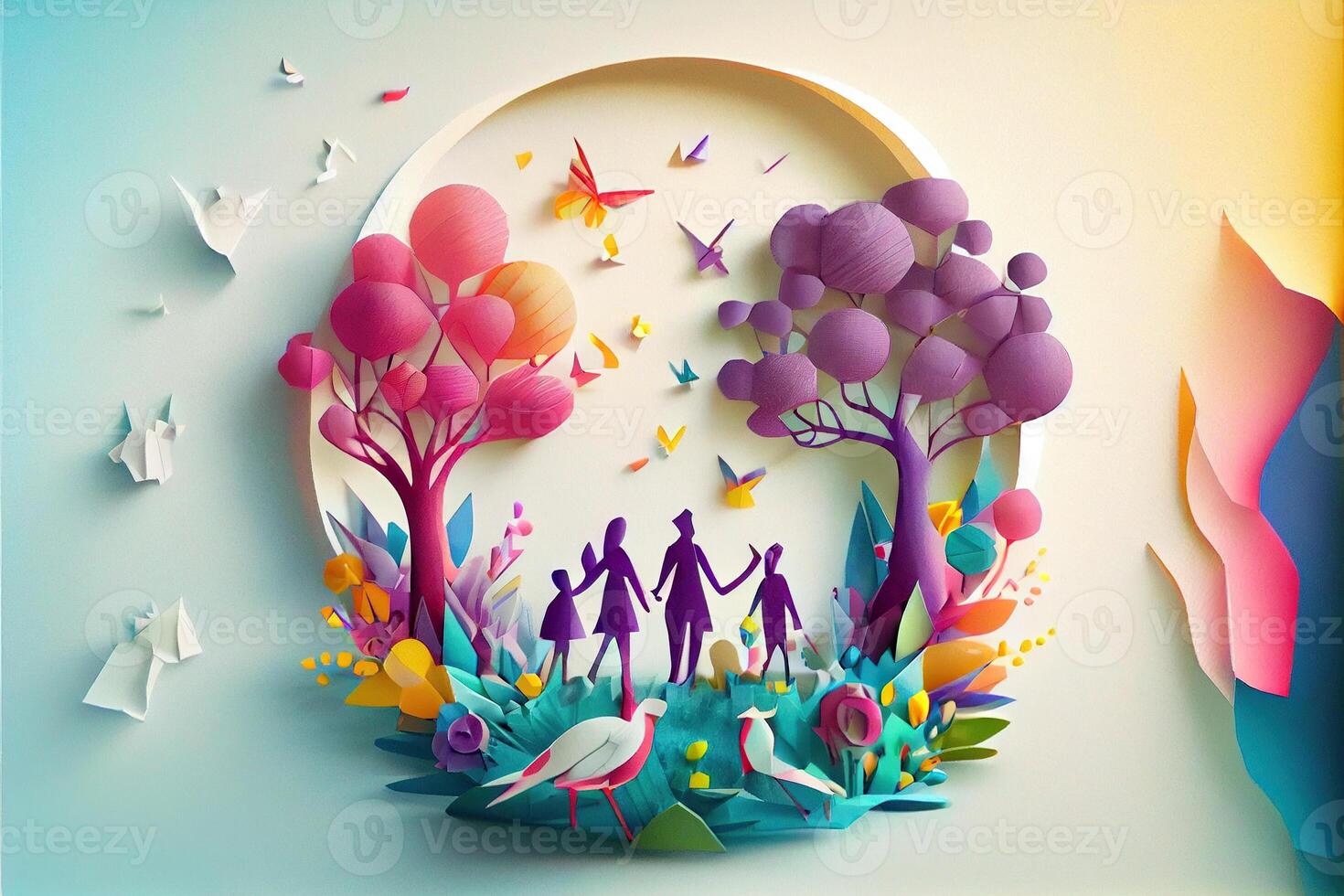 illustration of origami spring background, joyful elderly, happy family with parent, colorful. Paper cut craft, 3d paper illustration style, pop color. Neural network generated art. photo