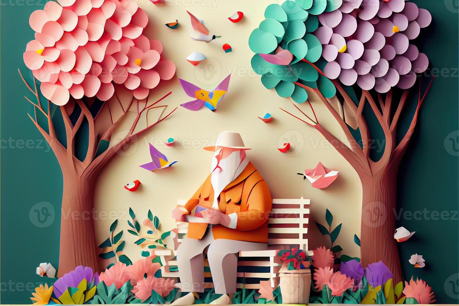 illustration of origami spring background, joyful elderly, happy family with parent, colorful. Paper cut craft, 3d paper illustration style, pop color. Neural network generated art. photo