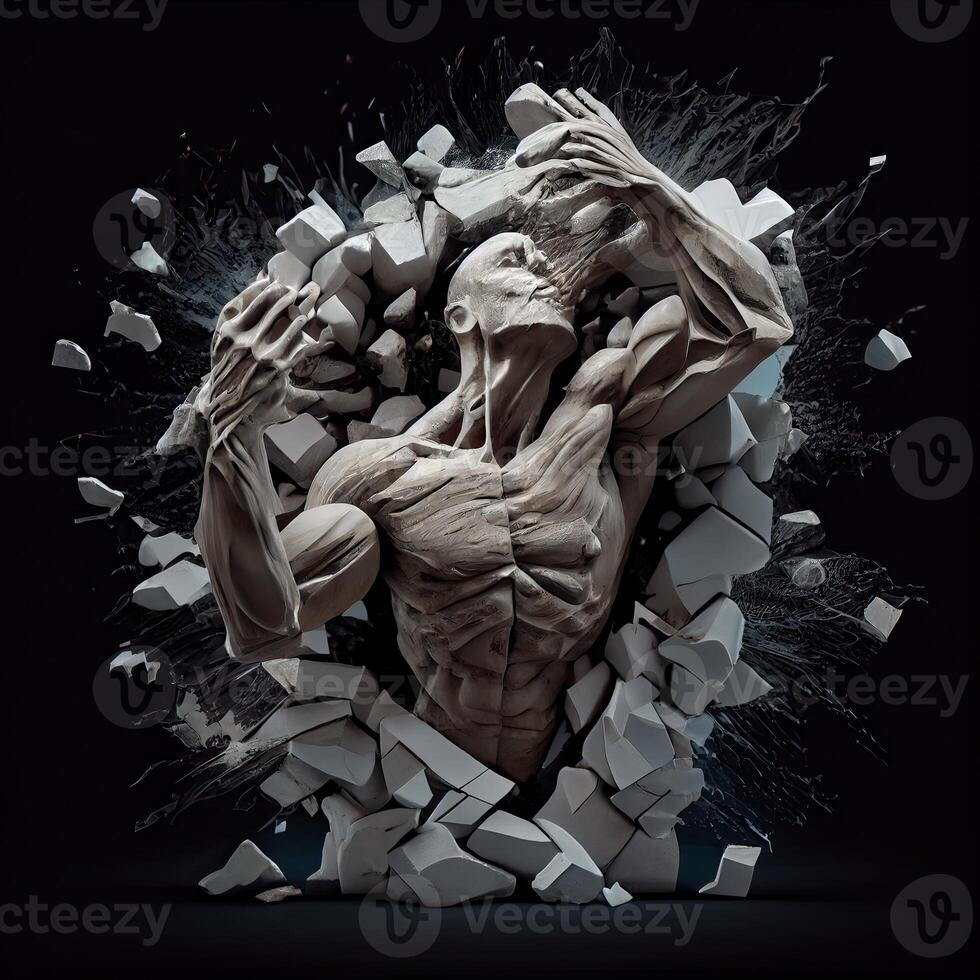 illustration of realistic stone man sculpture broken and pieces in black background. Motivation and surpassing yourself concept photo