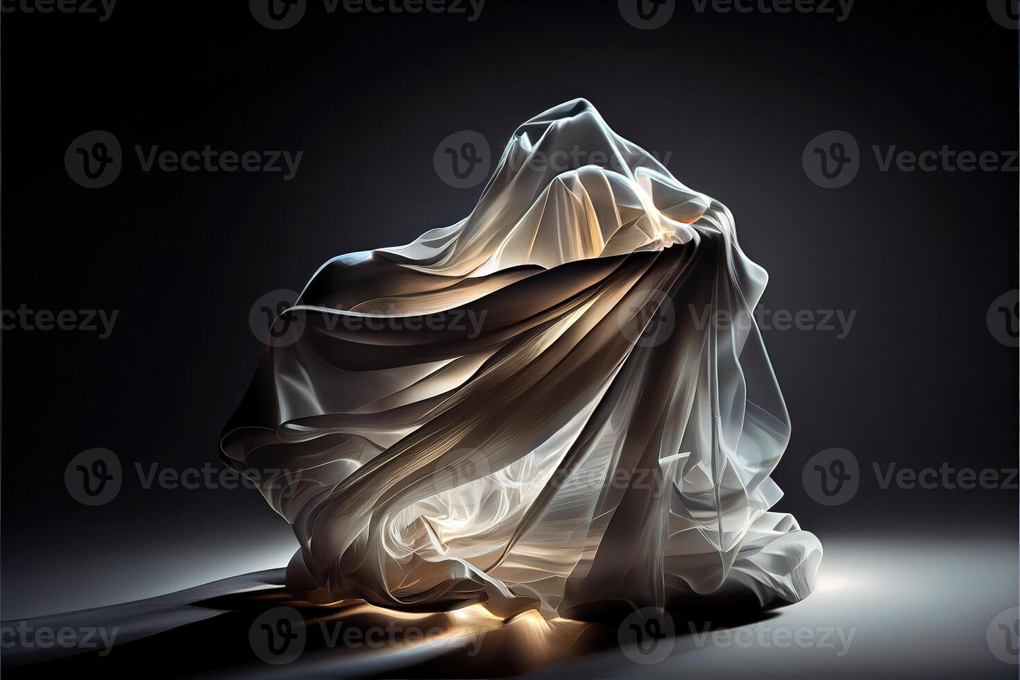 illustration of levitating moving twisting translucent cloth covering glowing objects in dark background photo