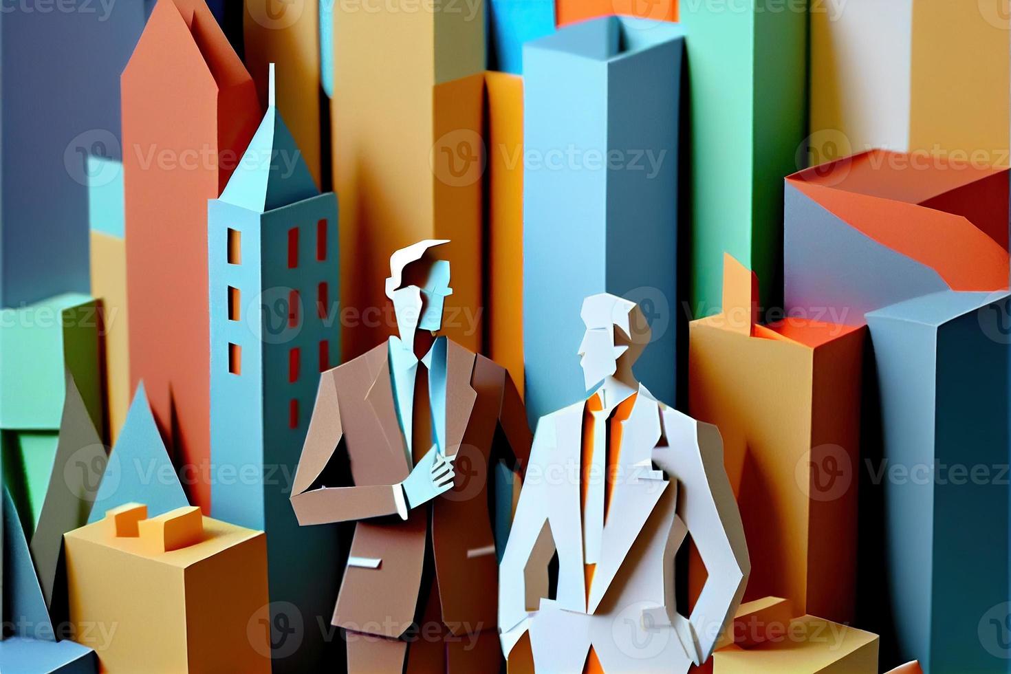 Business man in the city background, colorful. Business handshaking, successful concept. Paper cut craft, 3d paper illustration style. Neural network generated art. photo