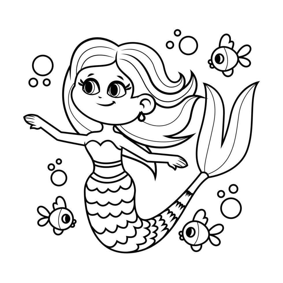 Vector illustration of beautiful and cute mermaid. Suitable for coloring page, coloring book, etc