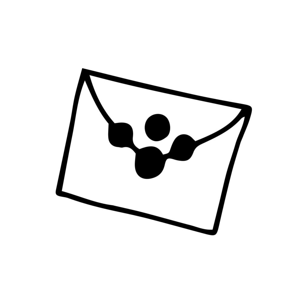 Simple vector drawing with black outline. Postal envelope with an imprint of a cat, dog footprint. Cartoon illustration for pet congratulations.