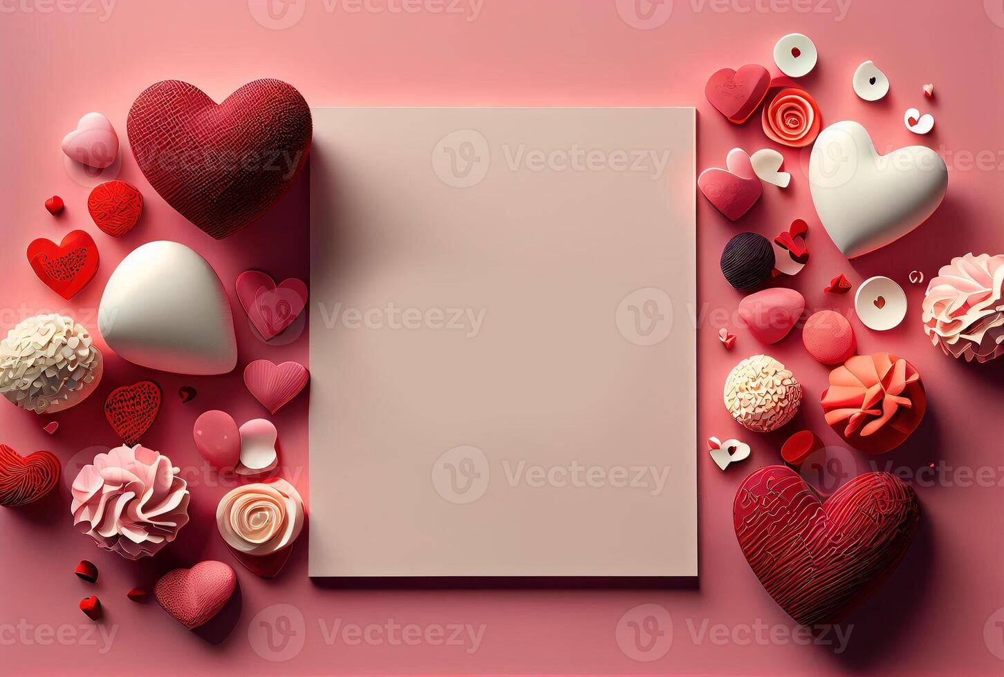 illustration of Valentine frame and banner. Red decoration. flat lay, romantic. Love and valentine day concept. Neural network generated art. Digitally generated image. photo