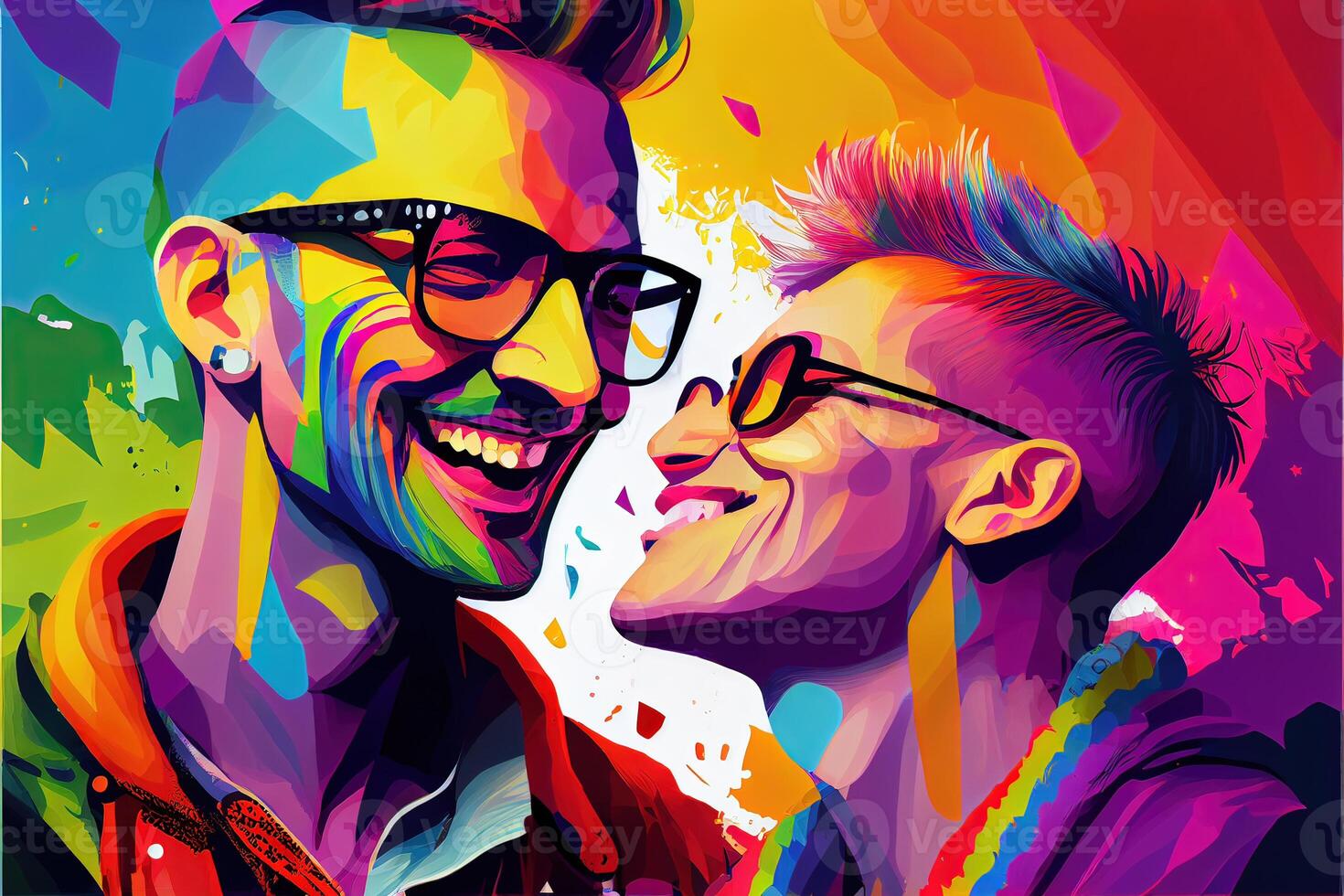 generativo ai ilustración de diversidad joven gay mujer y hombres con ondulación orgullo arco iris bandera. partidarios de el lgbt comunidad. neural red generado Arte. digitalmente generado imagen. foto