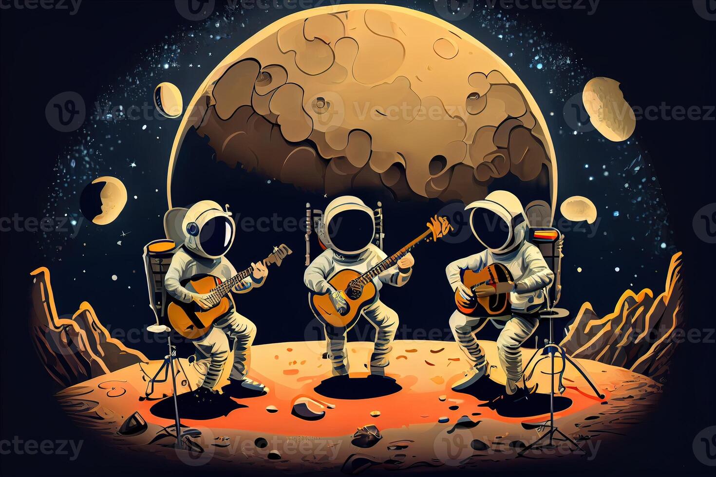 illustration of a trio of astronauts making music on the lunar surface photo