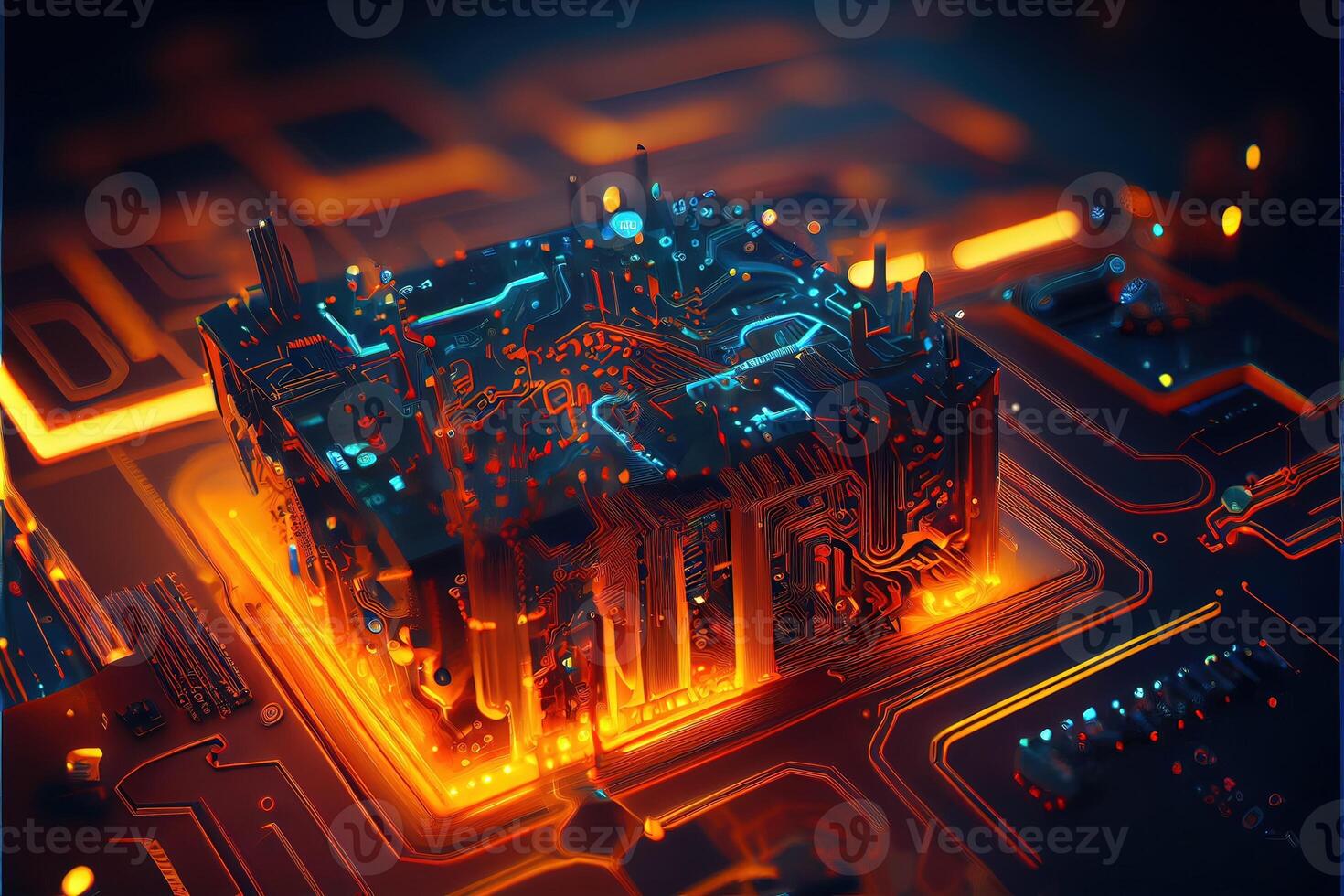 illustration of macro shot of circuit cyberspace board with computer motherboard component microchip with chip structure. Neural network generated art. photo