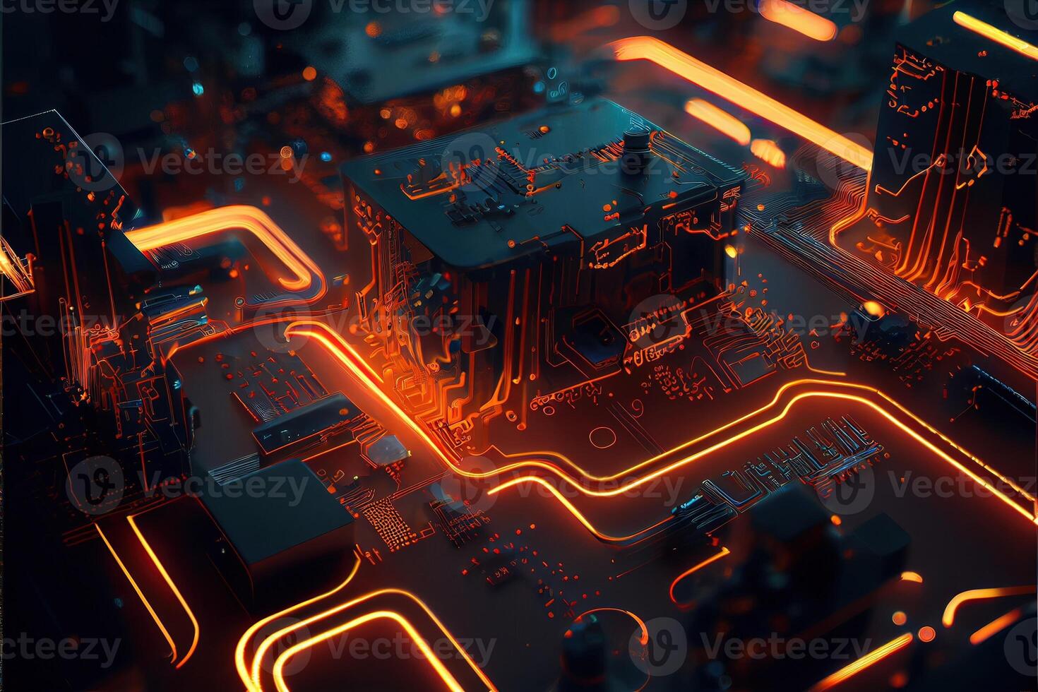 illustration of macro shot of circuit cyberspace board with computer motherboard component microchip with chip structure. Neural network generated art. photo