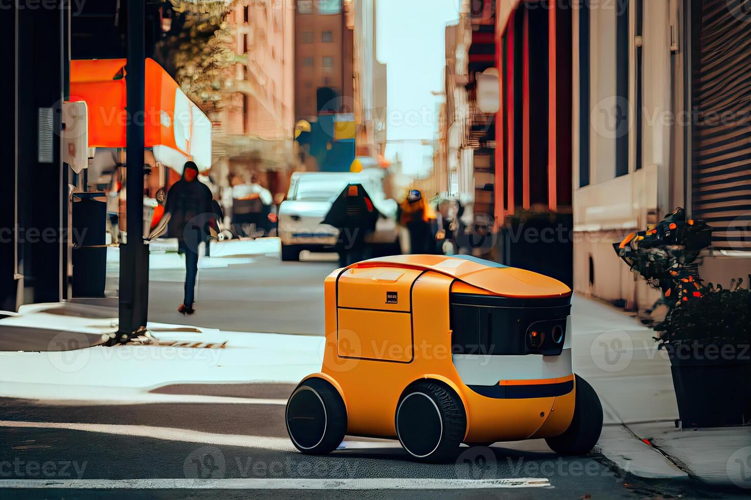 illustration of the future of delivery technology with autonomous courier robots in bustling urban landscapes, a delivery robot as well as autonomous delivery cars created by a business photo