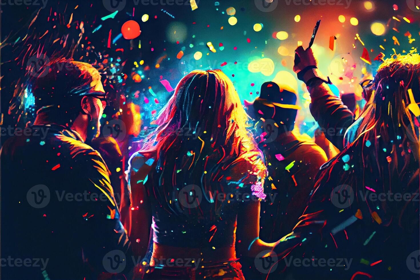 illustration of New Year's Eve party background, pop color, group of people dancing and joyful, countdown, neural network generated art. Digitally painting, generated image. photo