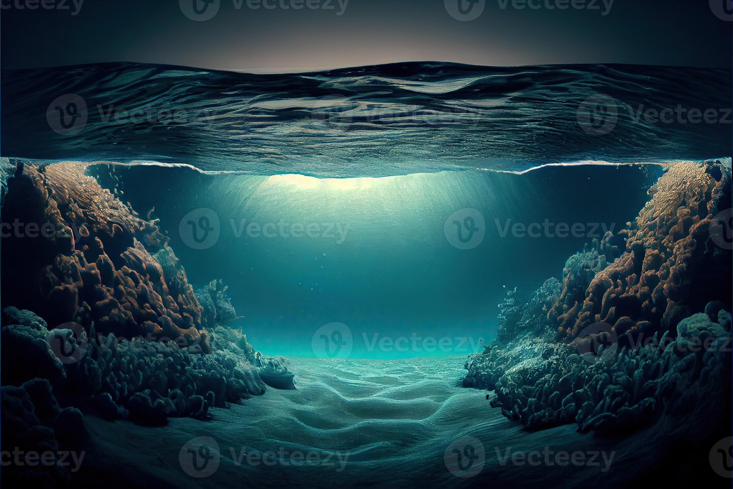 Generative AI illustration of Ocean depth. Underwater empty