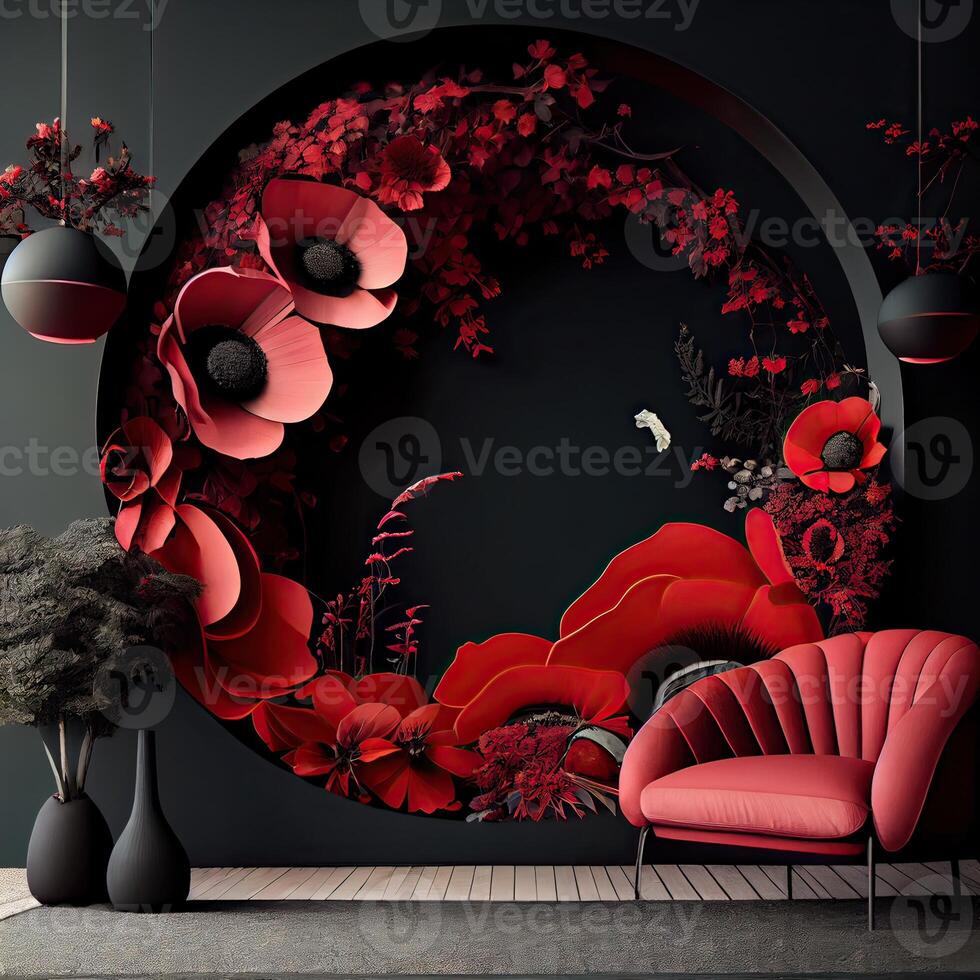 illustration of the beauty and creativity of circular flower arch that seems to float in mid-air. The arch is adorned with bright red flowers and dark, striking black foliage photo