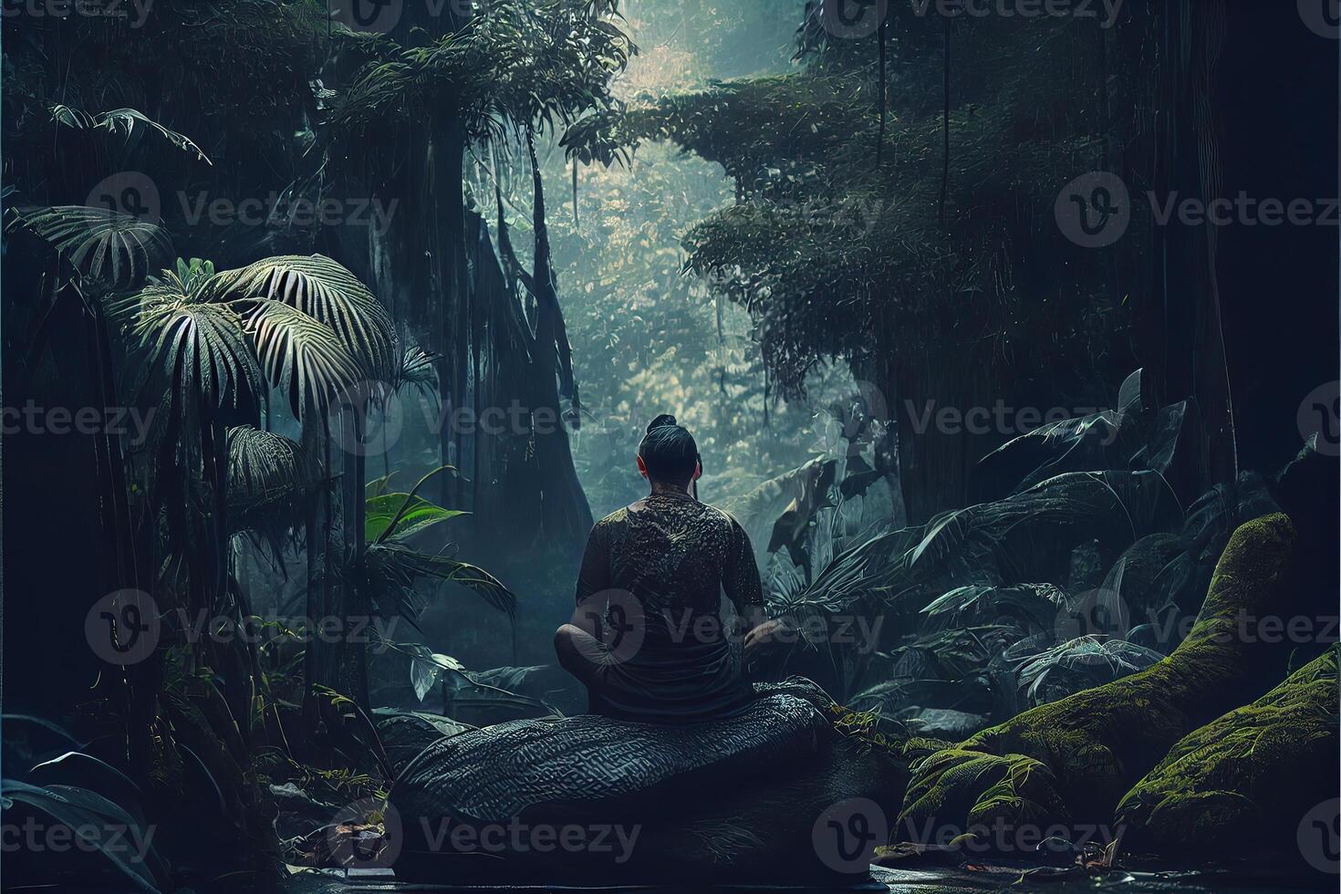 generativo ai ilustración de hombre meditando en el selva foto