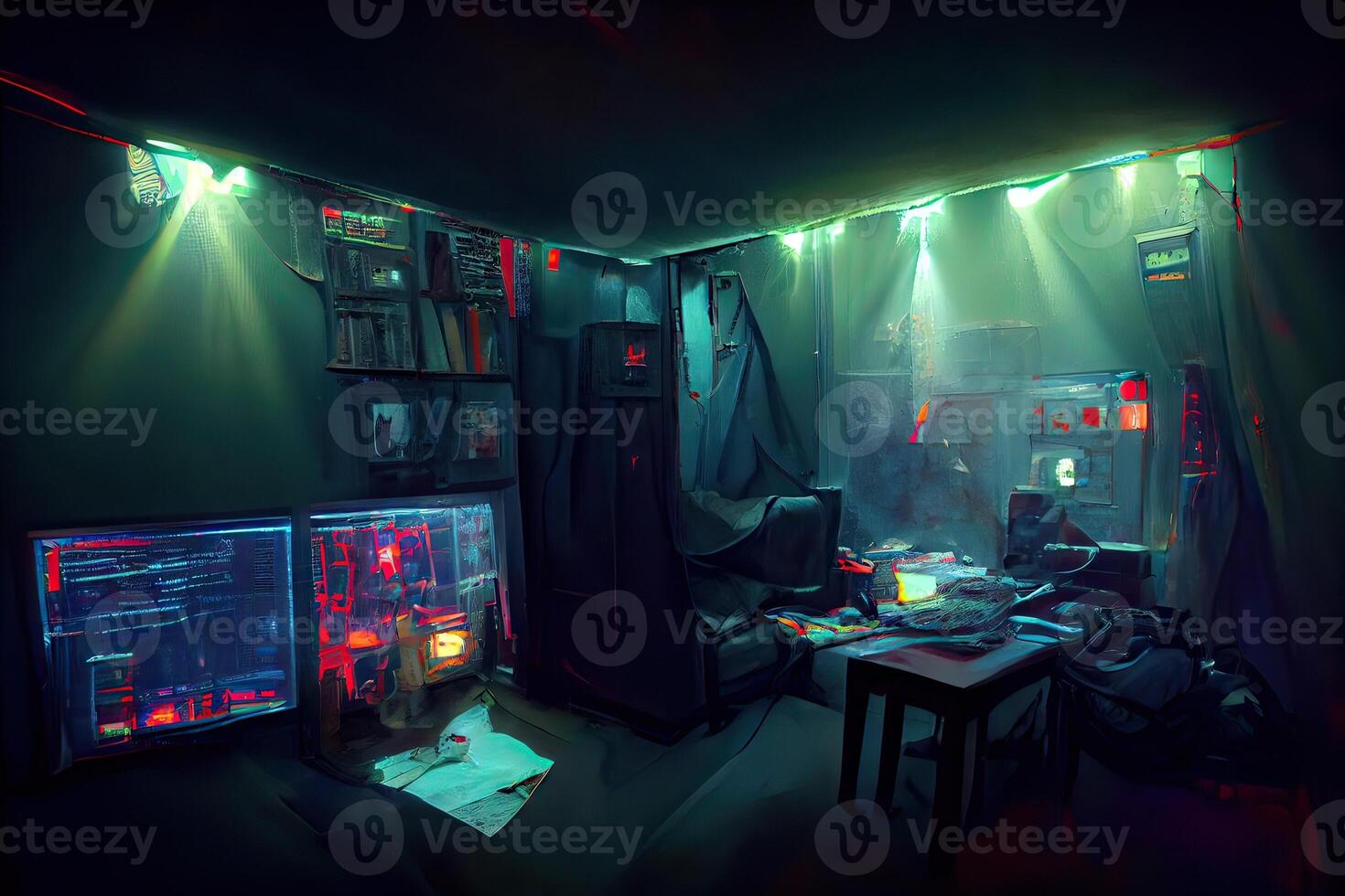 illustration of messy and dark cyberpunk hacker hideout room with lights photo