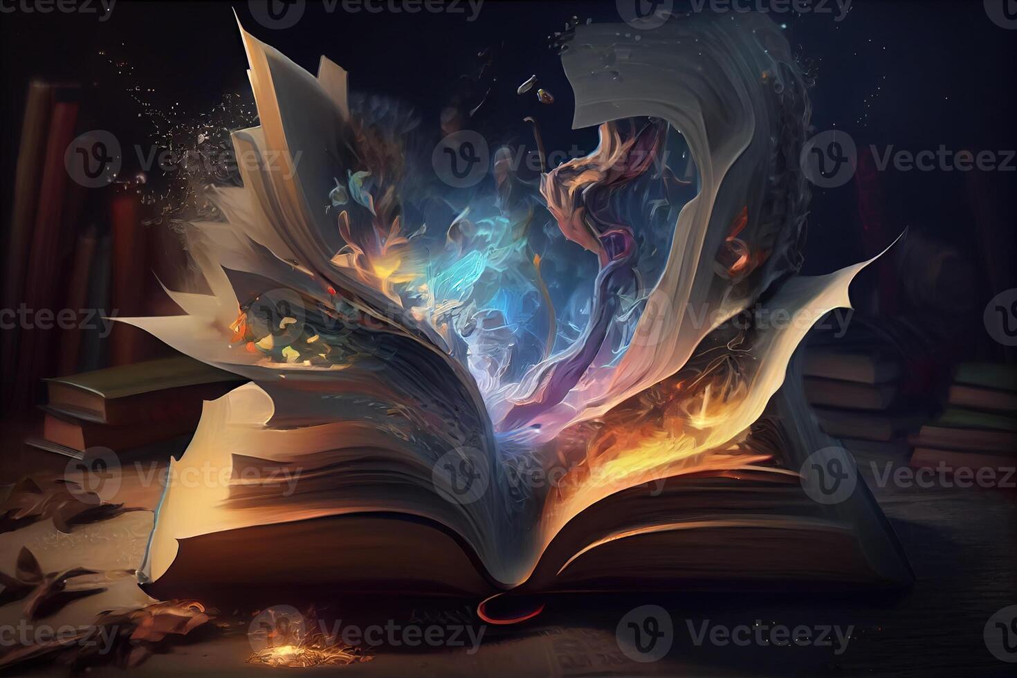 illustration of book of knowledge, universe, fantasy epic atmosphere, beautiful visual effects. Knowledge open new world. photo