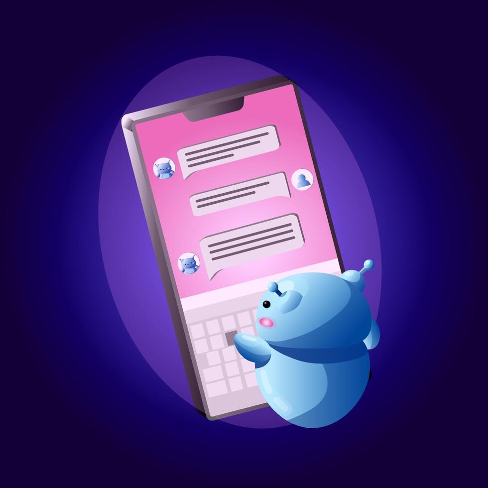 Chat bot with smartphone. Virtual assistant in mobile application. Artificial intelligence technology. Cute robot character. Online communication vector