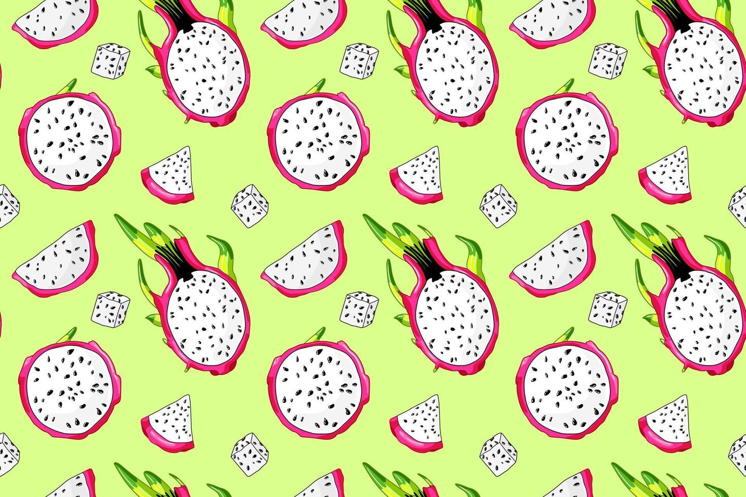 Fresh pitaya slice. Sweet beautiful dragon fruit pattern. Colorful tropical seamless fabric design. Organic pitahaya ingridient. Summer green background vector