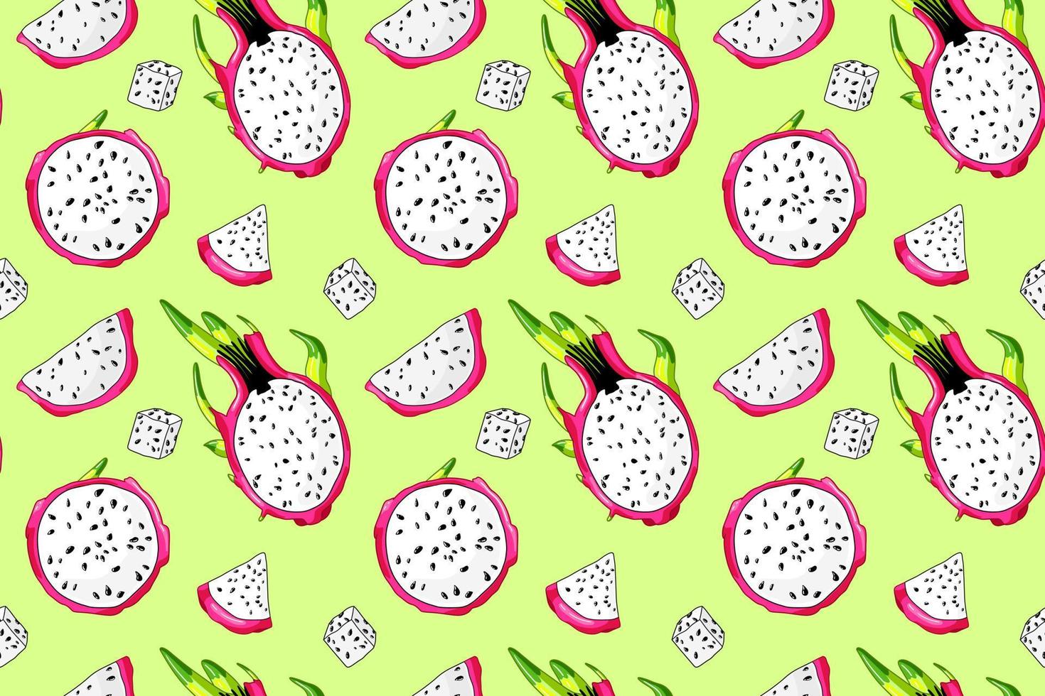 Fresh pitaya slice. Sweet beautiful dragon fruit pattern. Colorful tropical seamless fabric design. Organic pitahaya ingridient. Summer green background vector