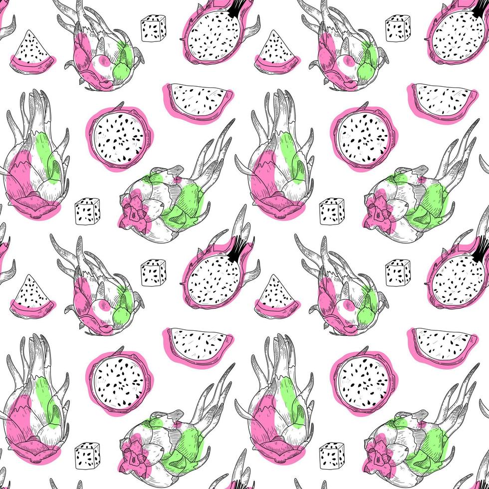 Fruit healthy organic seamless pattern. Pink pitaya wallpaper. Tropical slice with dots. Summer nature background. vector