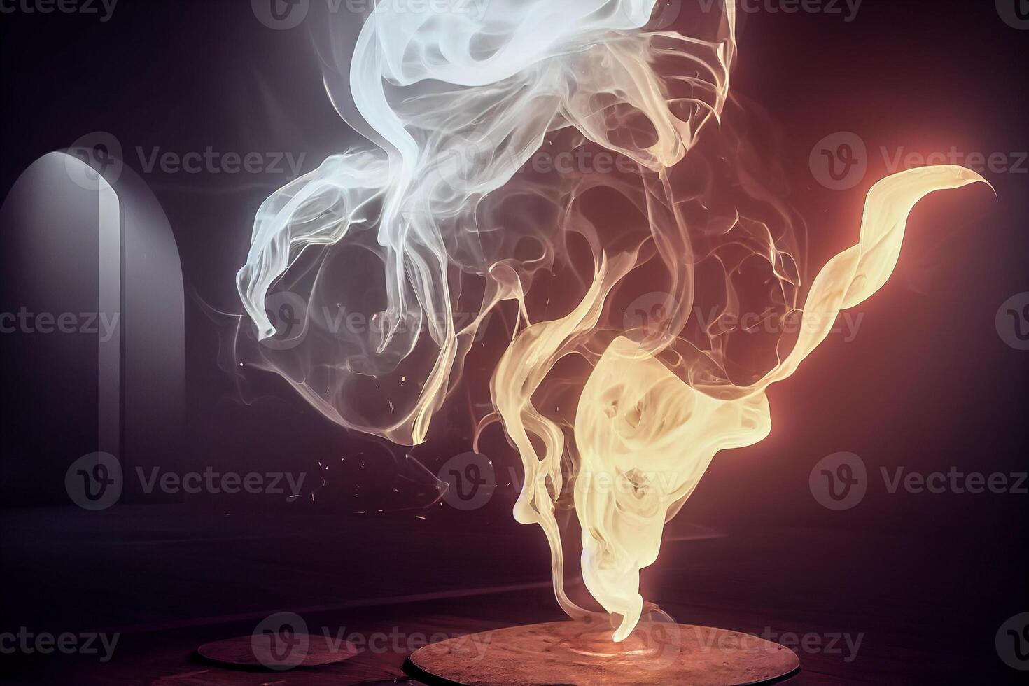 illustration of White curve fog, smoke, clouds, fire and dark background with spotlight. Abstract illustration art. Pattern texture, use for ad, poster and template, business.Digital art photo