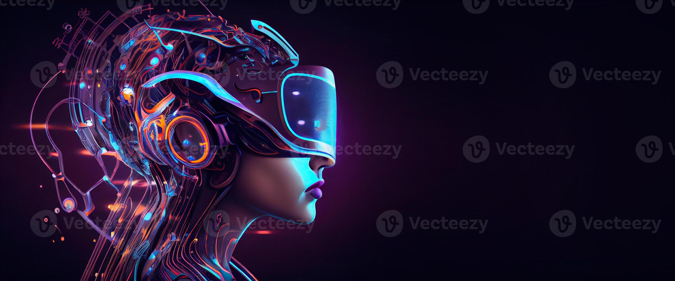 illustration of Metaverse concept and virtual world elements. Side view of human face in augmented or virtual reality headset inside the metaverse photo