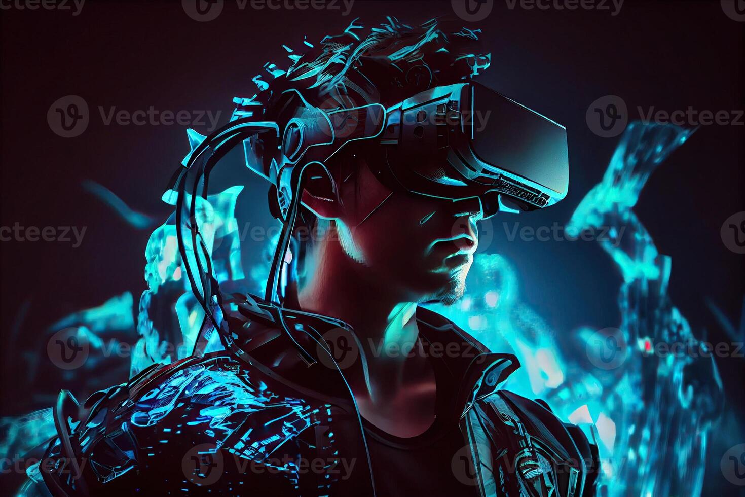 illustration of man with virtual reality VR goggle playing AR augmented reality game and entertainment, futuristic metaverse gameFi NFT game ideas photo