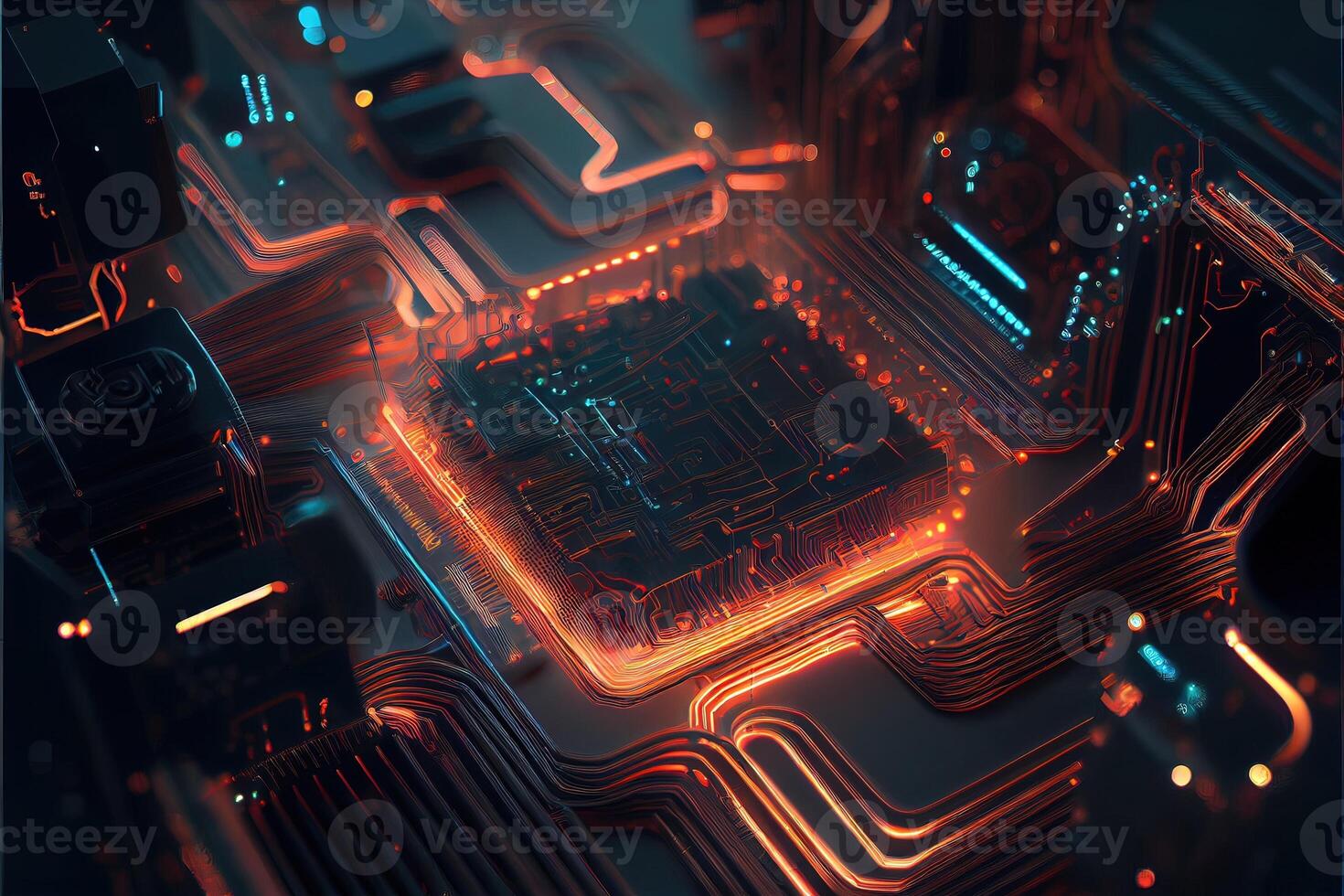 illustration of macro shot of circuit cyberspace board with computer motherboard component microchip with chip structure. Neural network generated art. photo