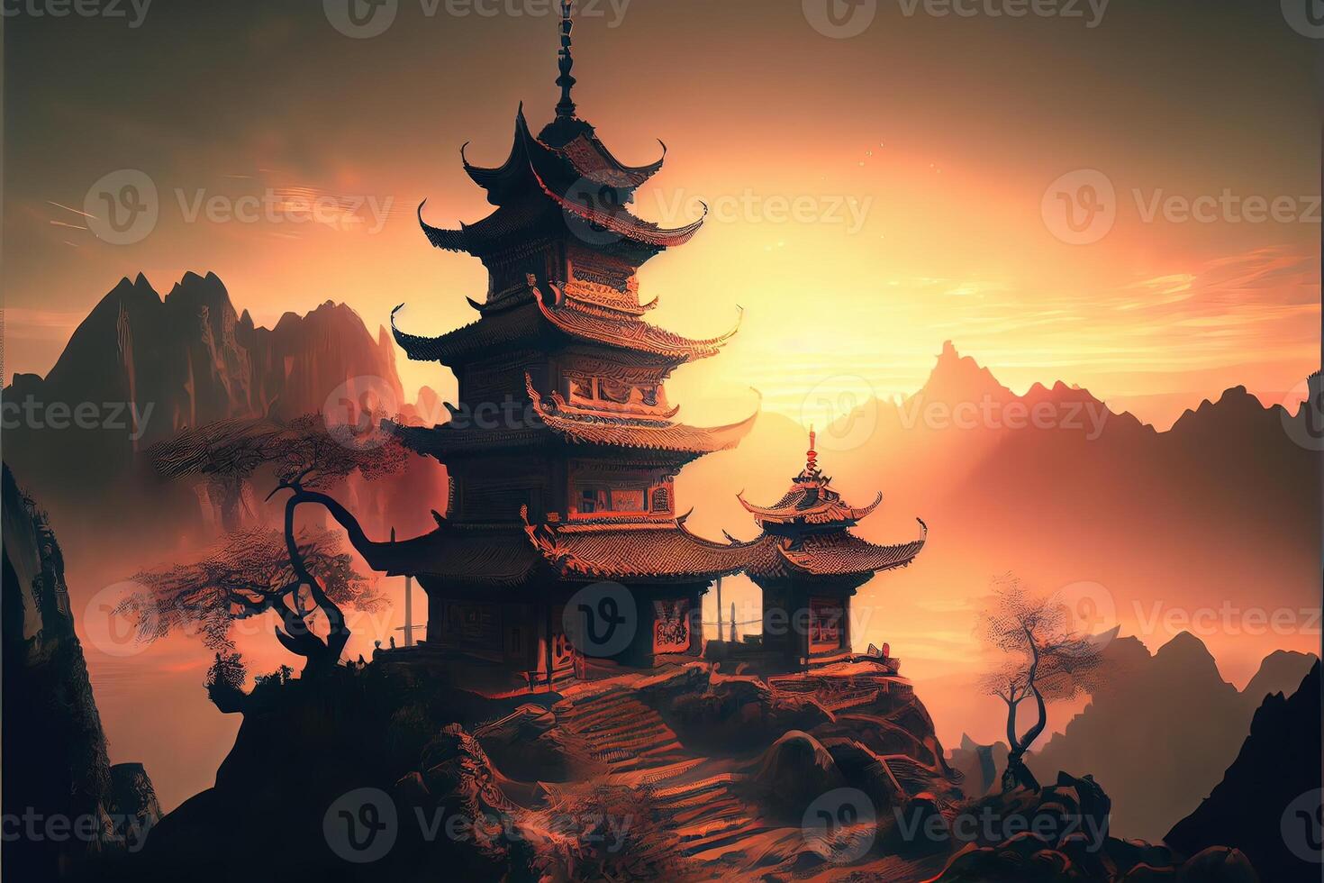 illustration of Fantasy background with mysterious ancient Chinese temple in mountains. Digital artwork. Chinese style. Gaming and art concept. photo