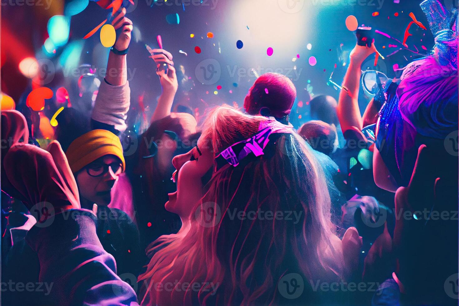 illustration of New Year's Eve party background, pop color, group of people dancing and joyful, countdown, neural network generated art. Digitally painting, generated image. photo