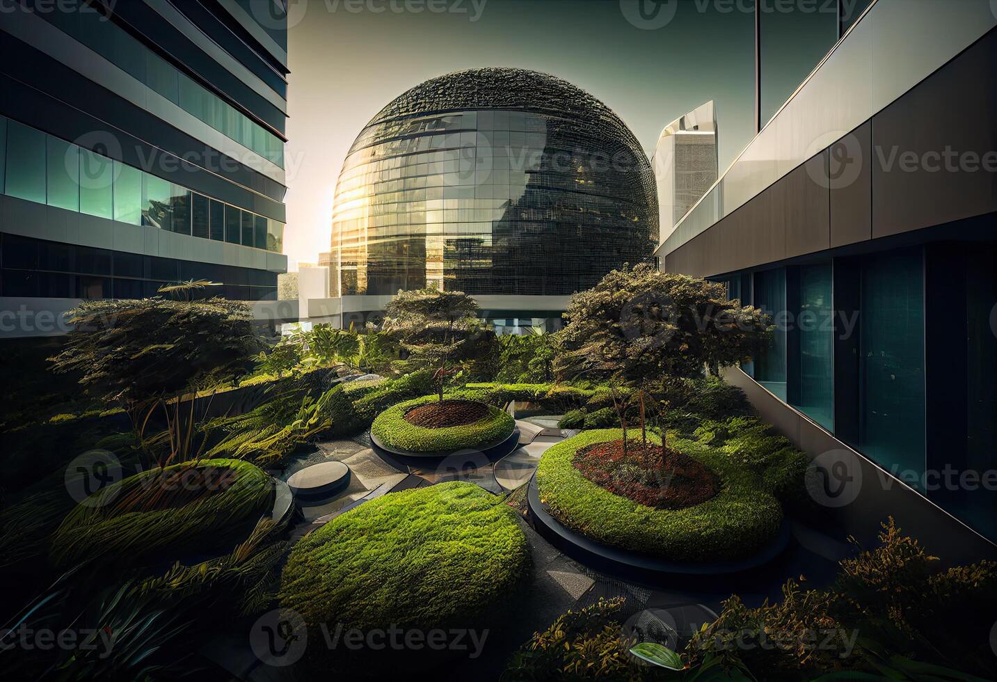 illustration of Gorgeous garden on the rooftop of a contemporary glass office building in Asia photo