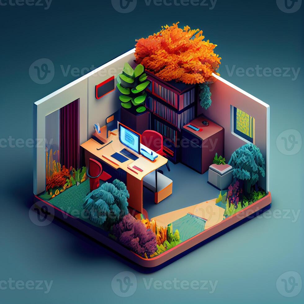 illustration of Office on smart phone, isometric diorama, land plot, pop color, colorful. Digitally generated image photo