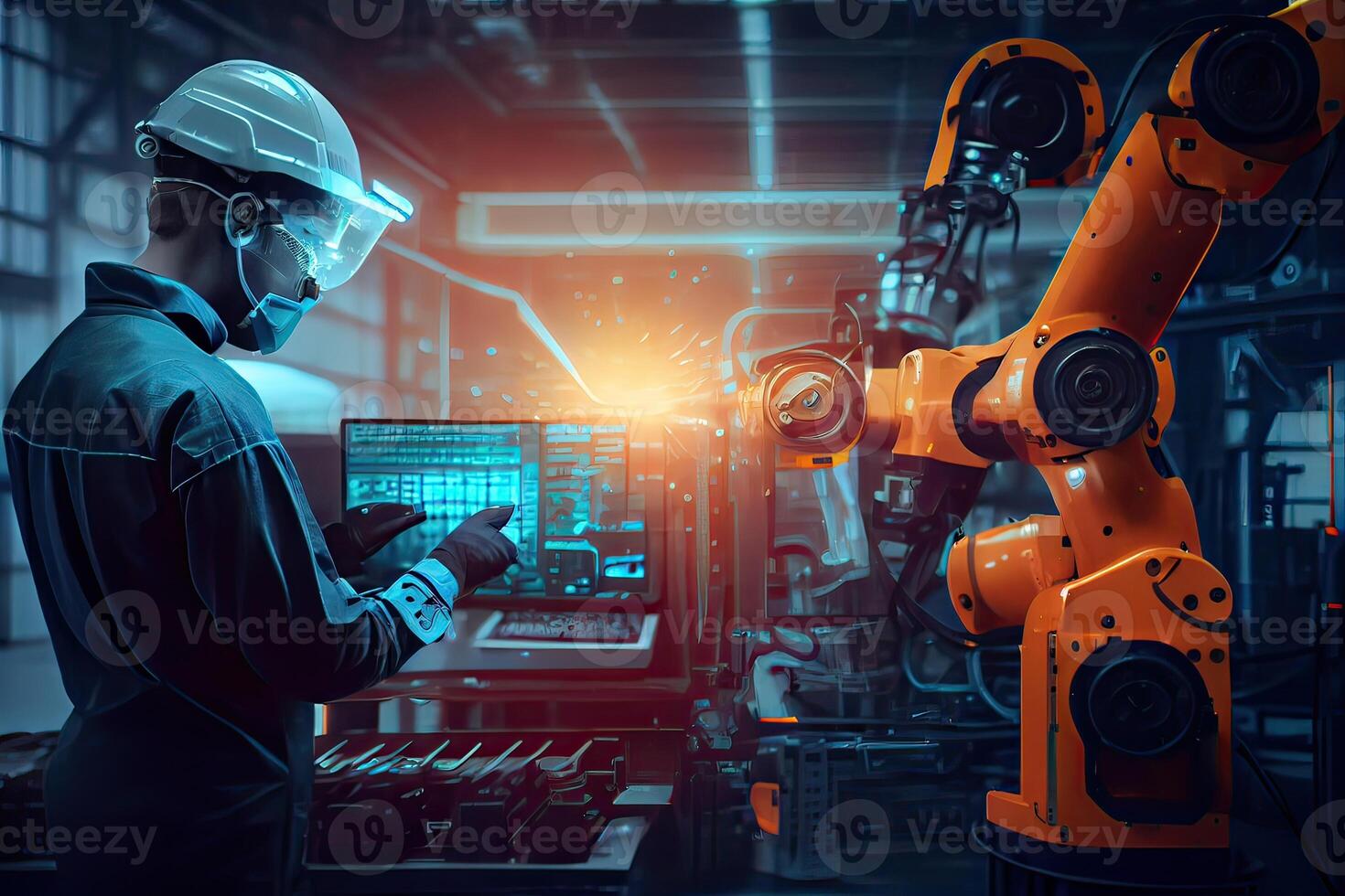 illustration of a real time monitoring system's software, manager engineers inspect and operate automation robot arms machines in intelligent factories, robots welding photo
