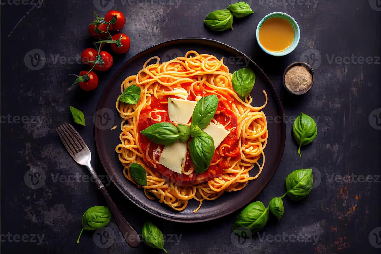 illustration of tasty appetizing classic italian spaghetti pasta with tomato sauce, cheese parmesan and basil on plate on dark table. View from above photo