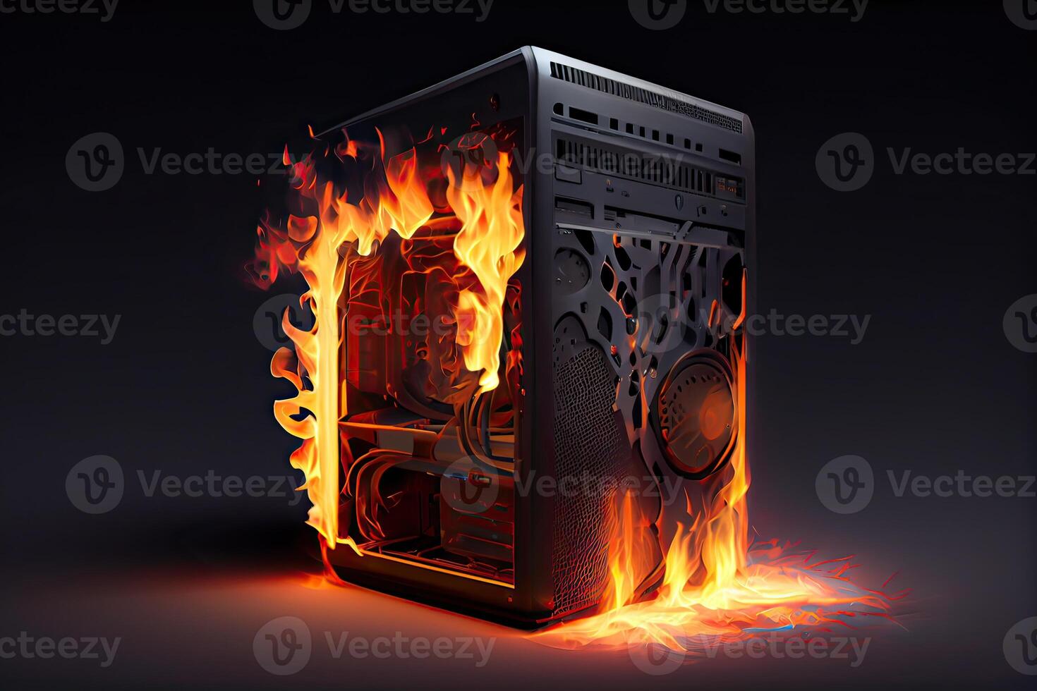 illustration of burning computer server in messy dark doom photo