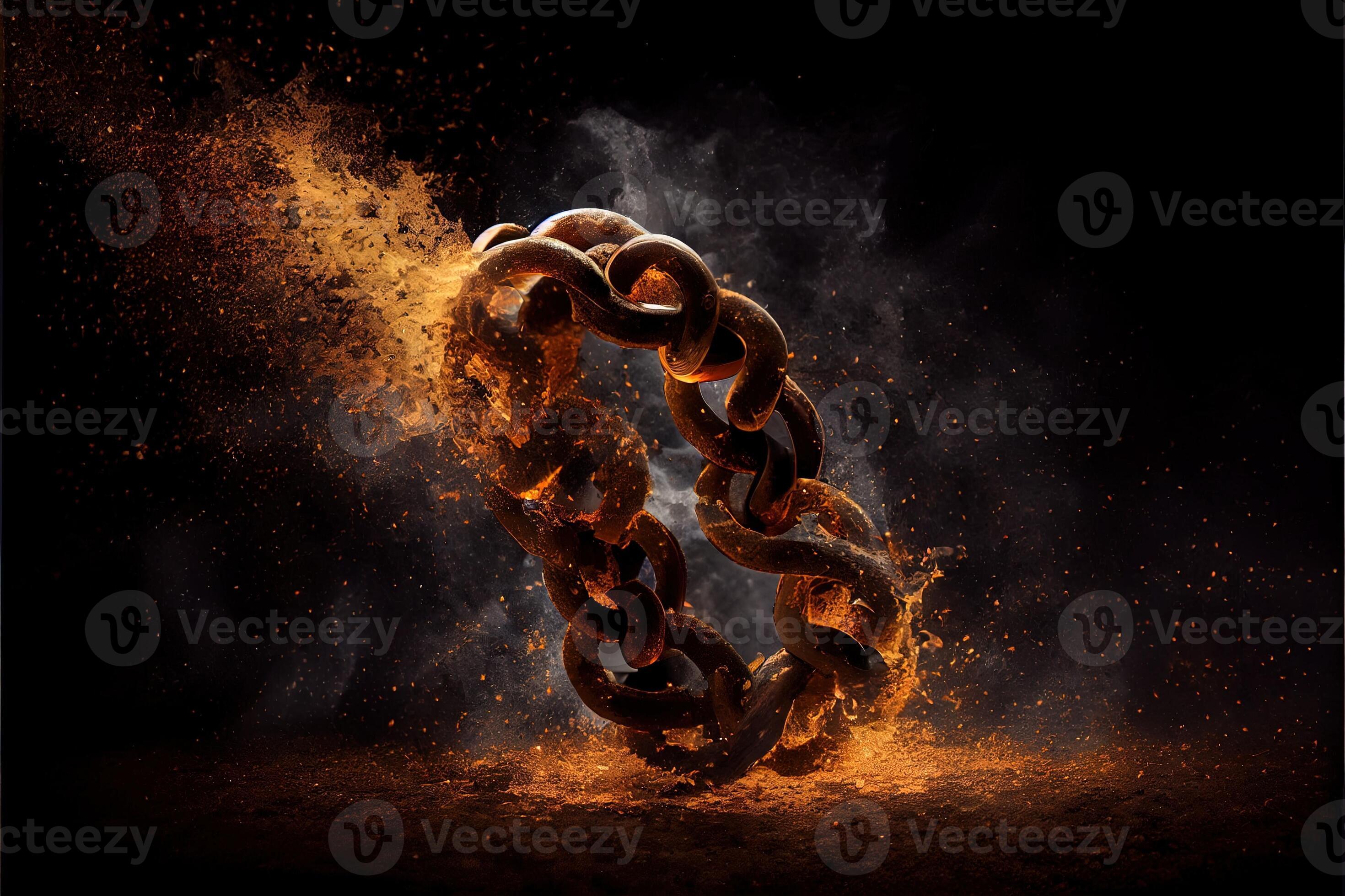 illustration of breaking steel chain with fire dust in dark background