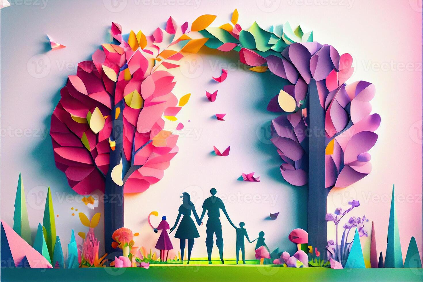 illustration of origami spring background, joyful elderly, happy family with parent, colorful. Paper cut craft, 3d paper illustration style, pop color. Neural network generated art. photo