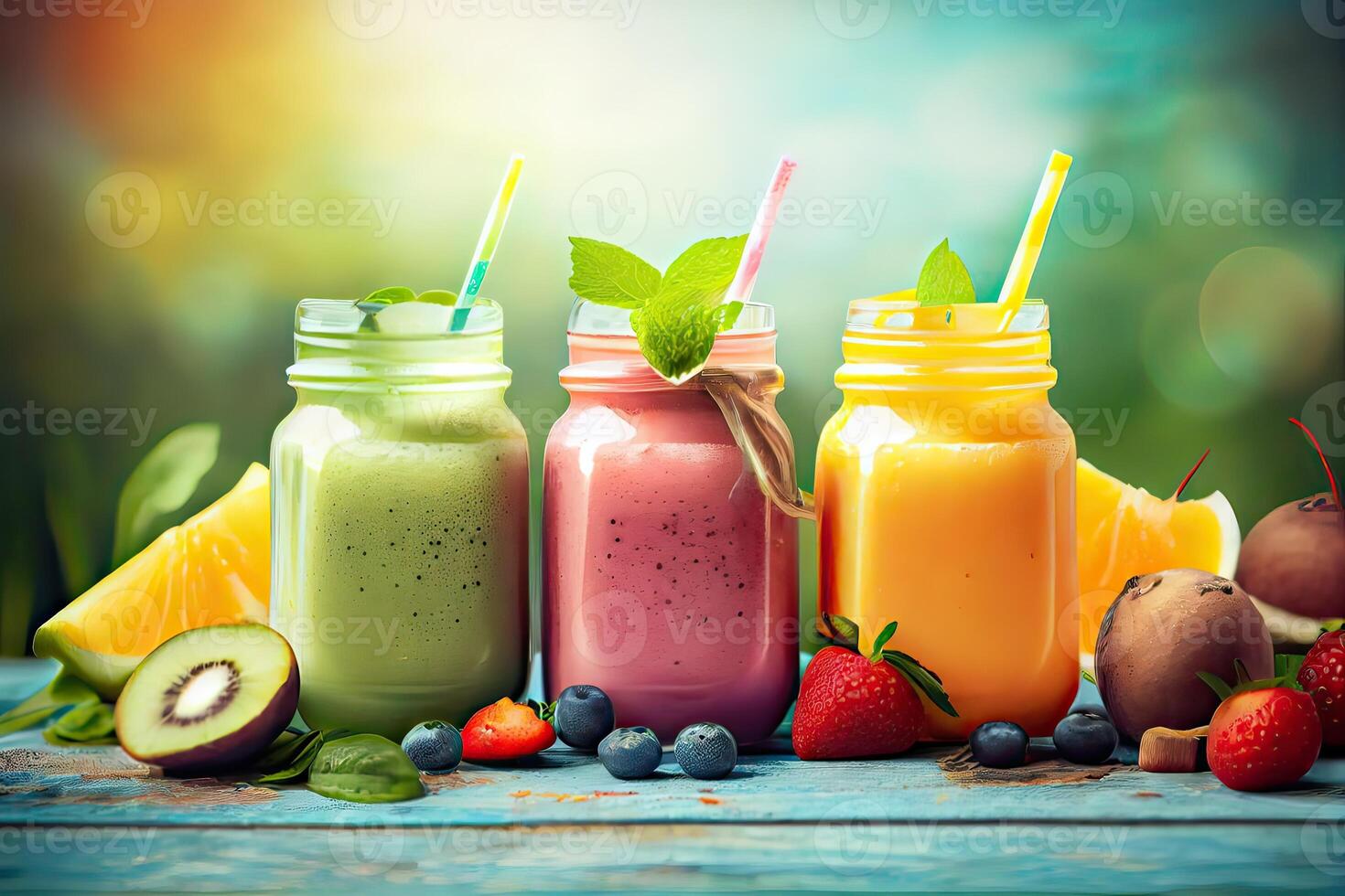 illustration of smoothies and juices made from a variety of fresh fruits from the tropics. Clean eating, a healthy diet, and vitamin infused beverages are concepts, blurred background photo