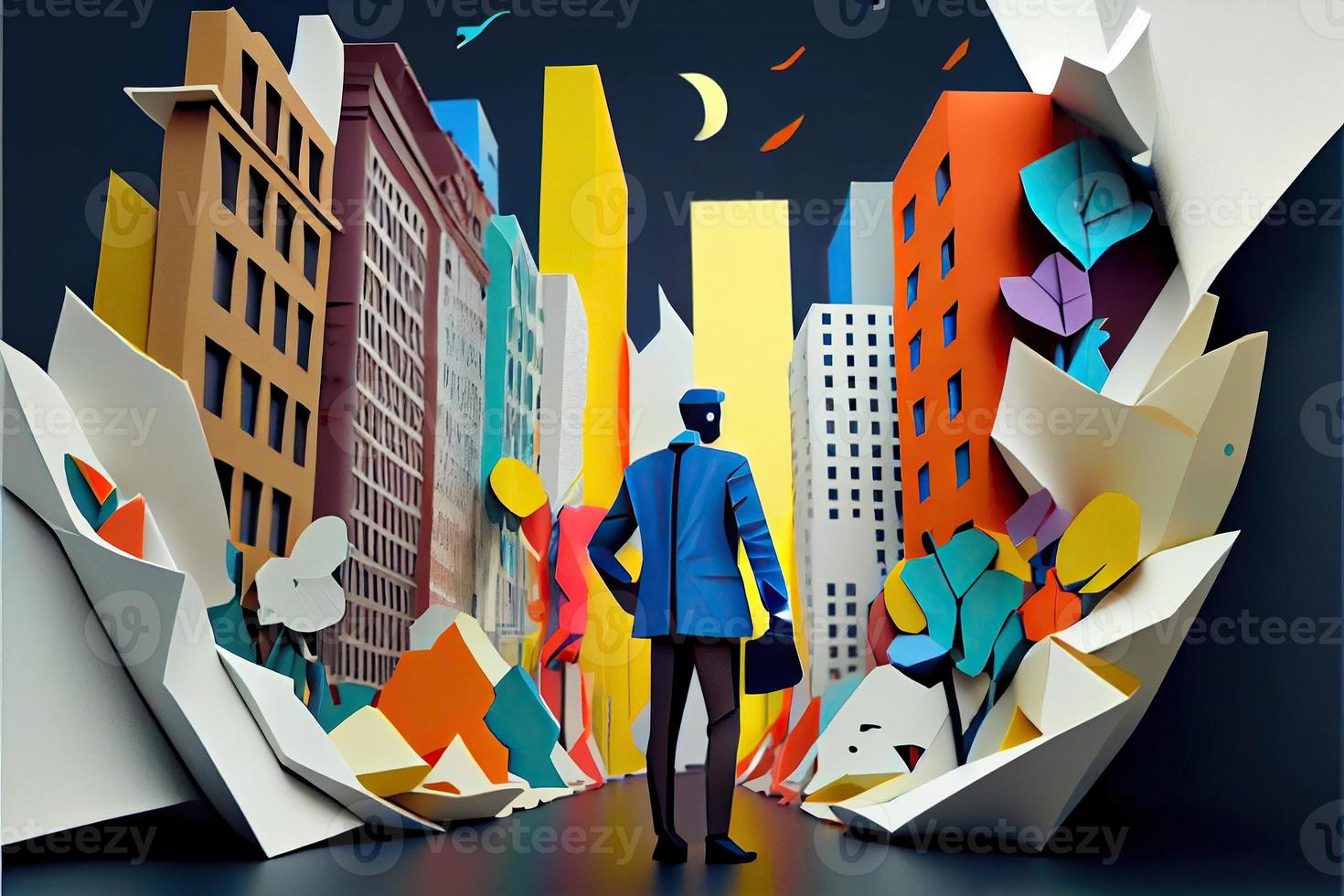 Business man in the city background, colorful. Business handshaking, successful concept. Paper cut craft, 3d paper illustration style. Neural network generated art. photo
