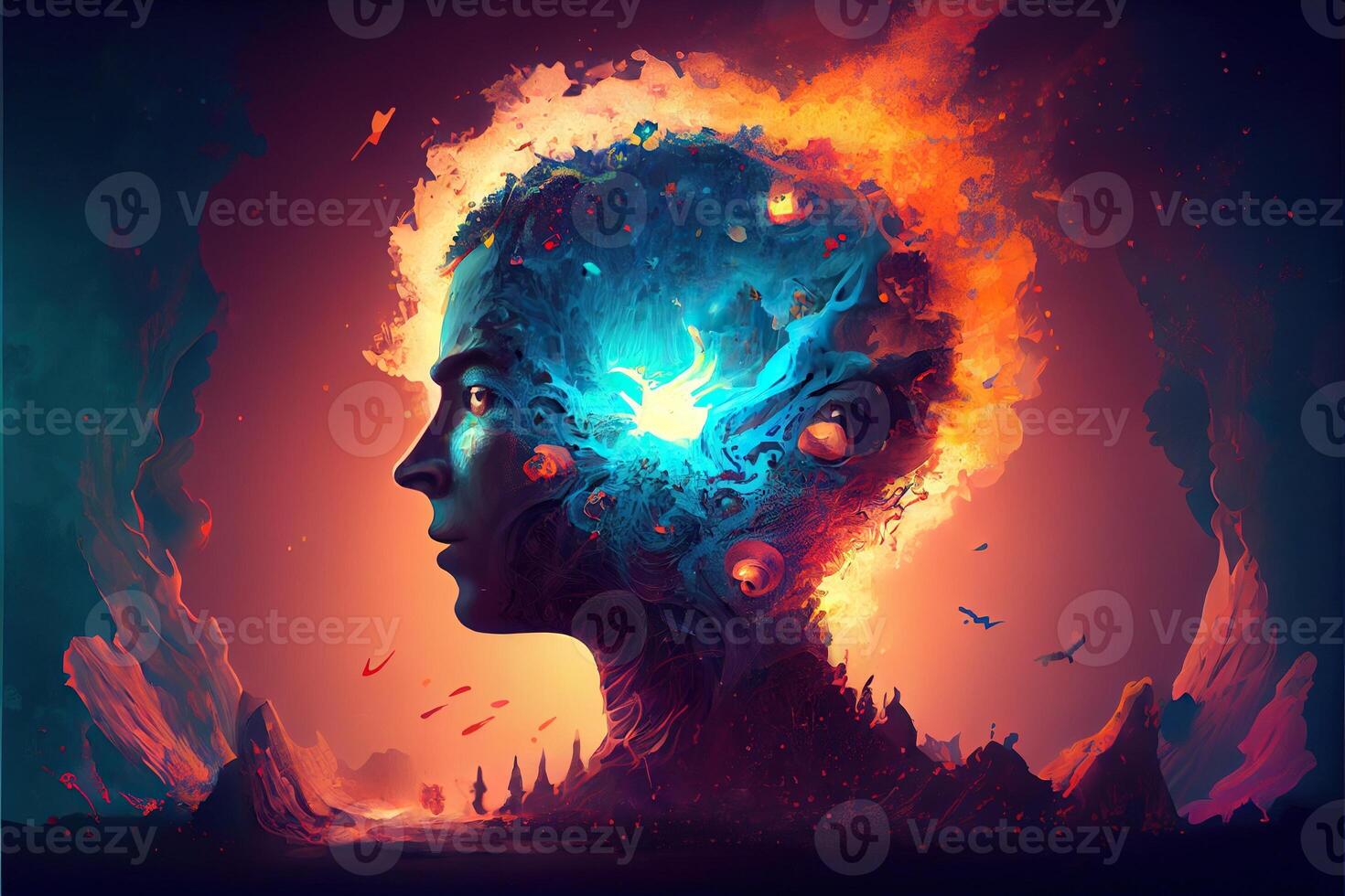 illustration of annual collective mind concept art, exploding mind, inner world, dreams, emotions, imagination and creative mind concept photo