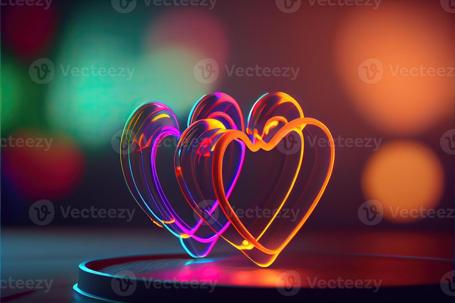 generativo ai ilustración de amor corazón neón luz, decoración, brillante luz, romántico. amor y enamorado día concepto. neural red generado Arte. digitalmente generado imagen. foto