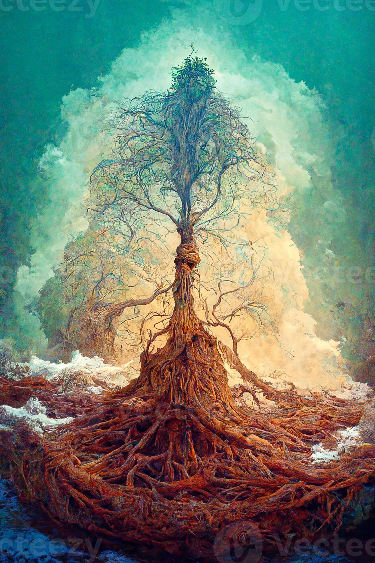 Generative AI illustration of old big green tree with roots, on dry land, tree of earth and life