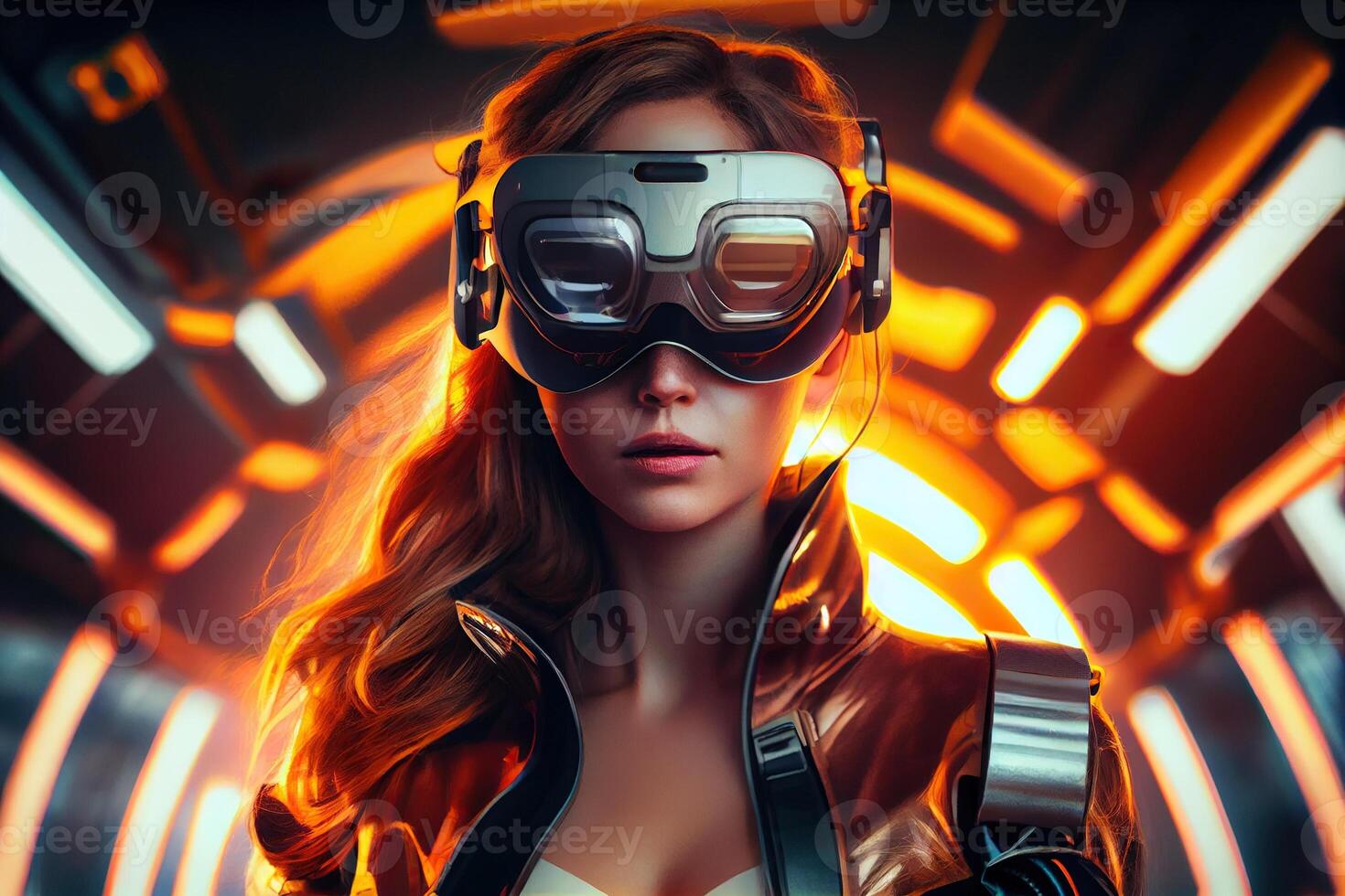 illustration of an enthusiastic young women wearing virtual reality goggles is inside the metaverse. Metaverse concept and virtual world elements photo