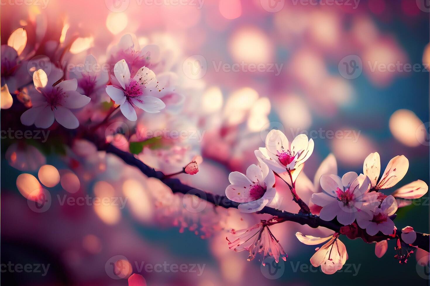 illustration of spring banner, branches of blossoming cherry against pink background and nature outdoors. Pink sakura flowers, dreamy romantic image spring, copy space. photo