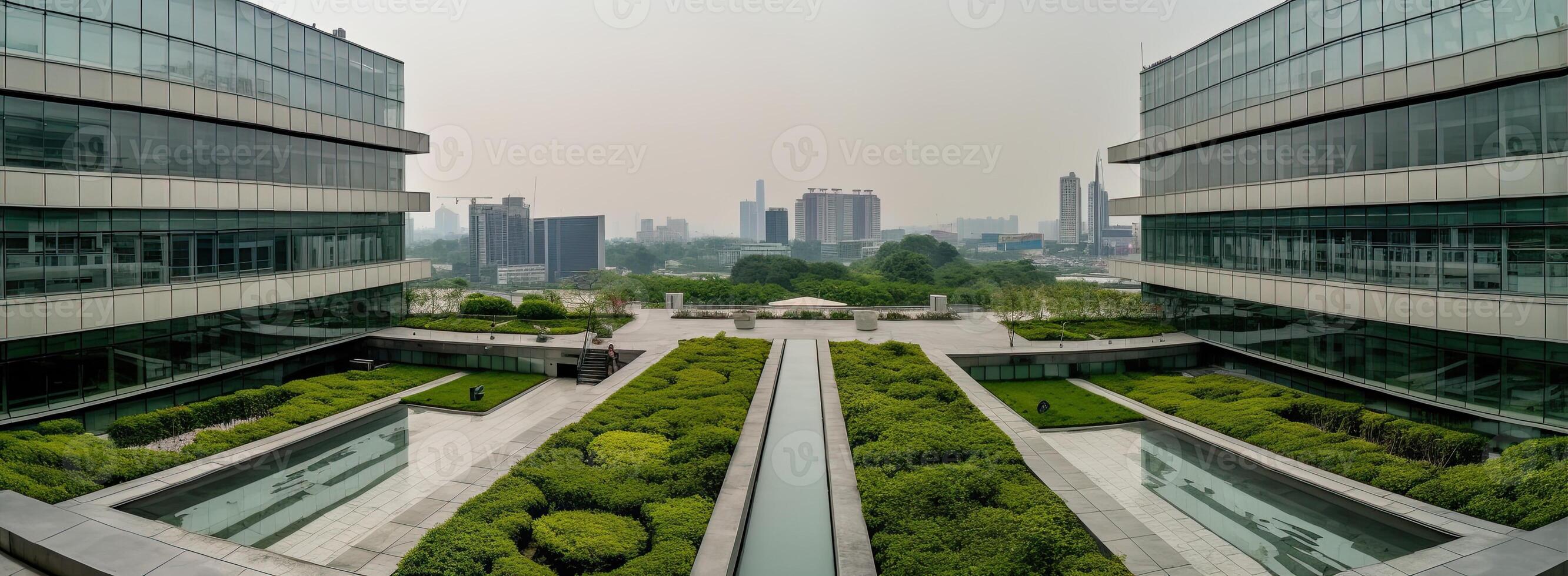 generativo ai ilustración de maravilloso jardín en el techo de un contemporáneo vaso oficina edificio en Asia foto