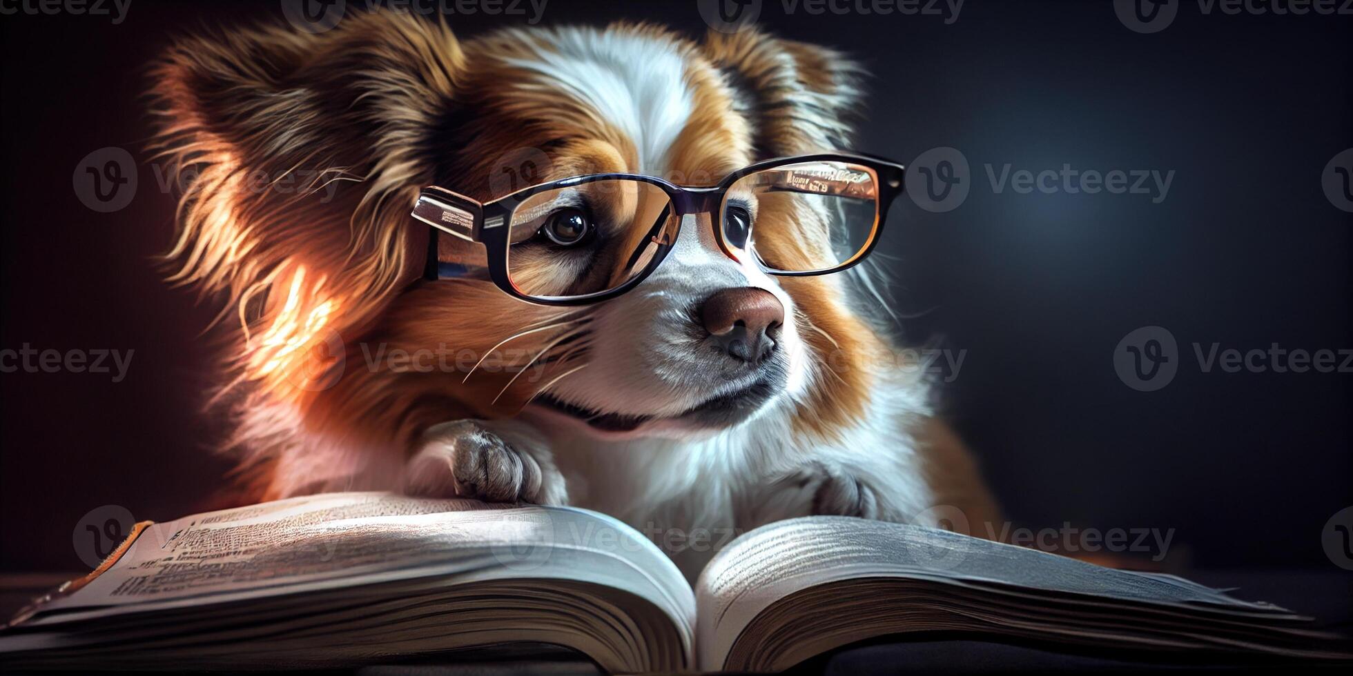 illustration of Intelligent serious dog in glasses reading a book, volumn light photo