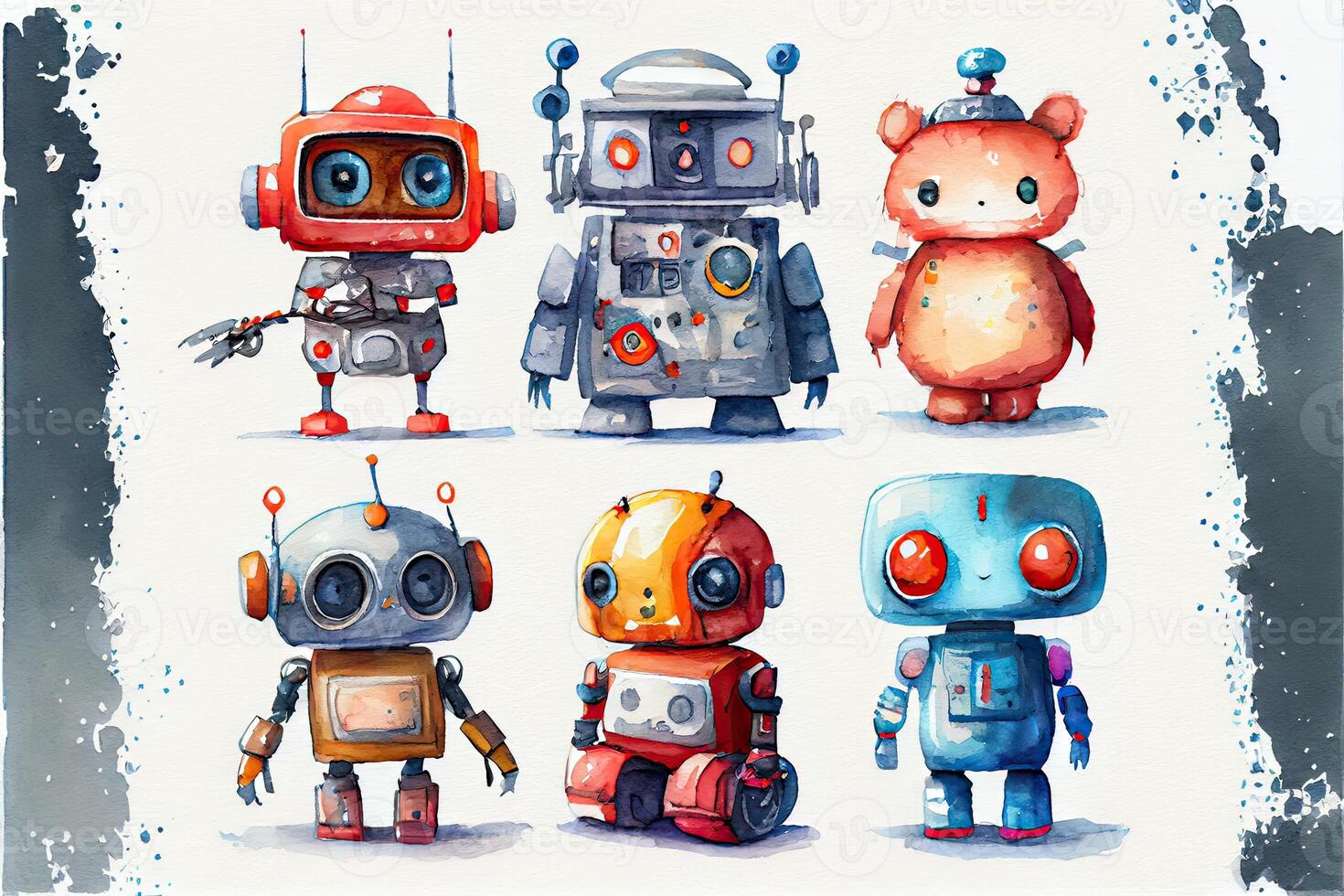 generativo ai ilustración de un linda robot colección en blanco antecedentes con márgenes, acuarela foto