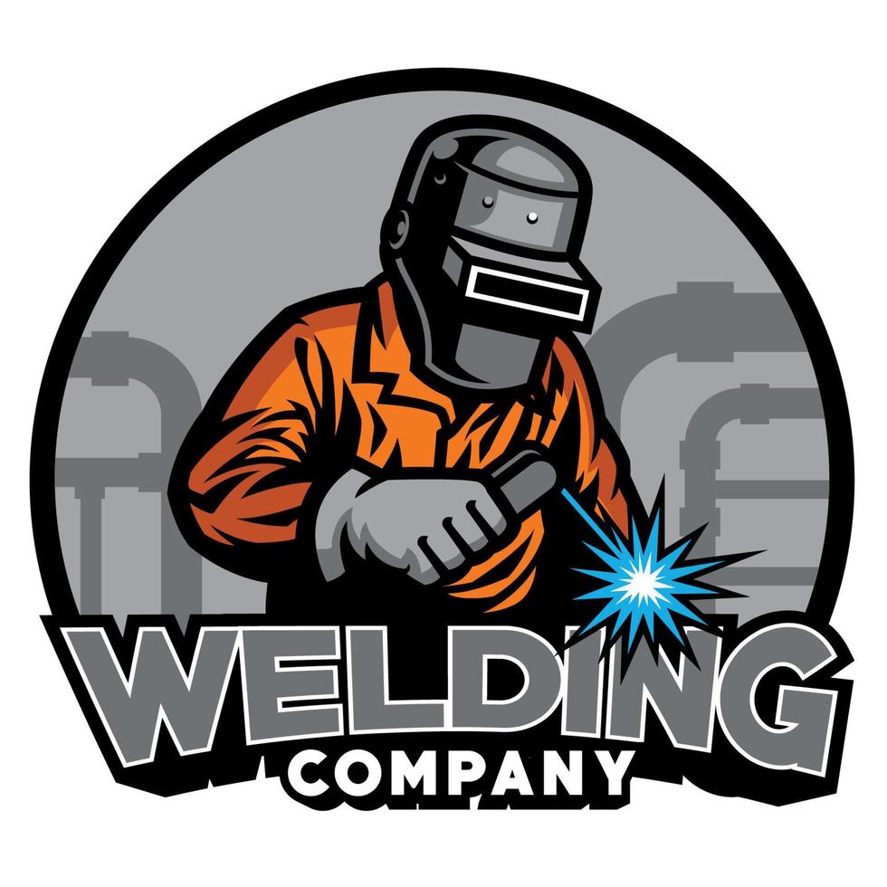 welder working with weld helmet in badge design style vector