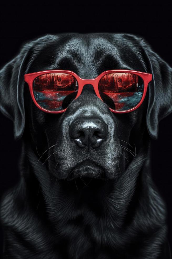 a charming and playful image of a black Labrador wearing red sunglasses, Generate Ai photo