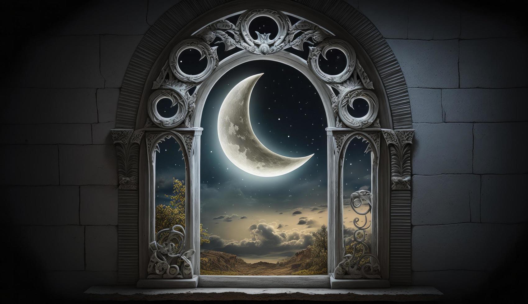 Mystical window with crescent moon in night sky, Islamic greeting Eid Mubarak for Muslim Holidays. Eid-Ul-Adha festival celebration. Arabic Ramadan Kareem, Generate Ai photo